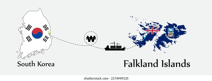 Business concept of both country. Ship transport from South korea go to Falkland Islands. And flags symbol on maps. EPS.file.Cargo ship.