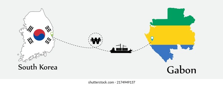 Business concept of both country. Ship transport from South korea go to Gabon. And flags symbol on maps. EPS.file.Cargo ship.