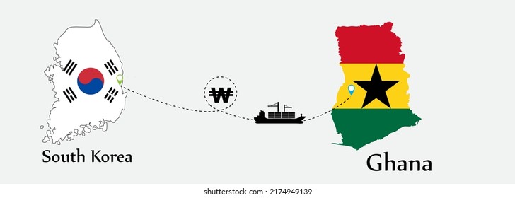 Business concept of both country. Ship transport from South korea go to Ghana. And flags symbol on maps. EPS.file.Cargo ship.