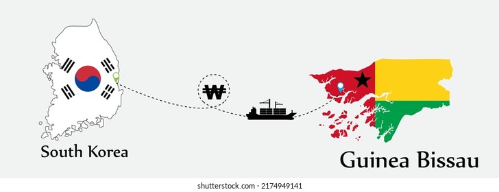 Business concept of both country. Ship transport from South korea go to Guinea Bissau. And flags symbol on maps. EPS.file.Cargo ship.