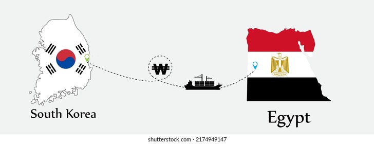 Business concept of both country. Ship transport from South korea go to Egypt. And flags symbol on maps. EPS.file.Cargo ship.