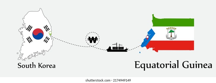 Business concept of both country. Ship transport from South korea go to Equatorial Guinea. And flags symbol on maps. EPS.file.Cargo ship.