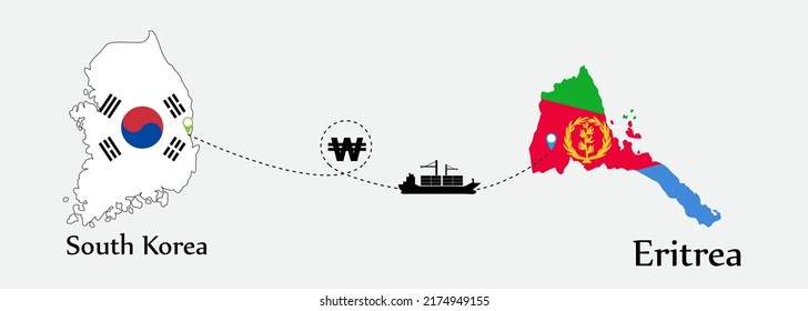 Business concept of both country. Ship transport from South korea go to Eritrea. And flags symbol on maps. EPS.file.Cargo ship.