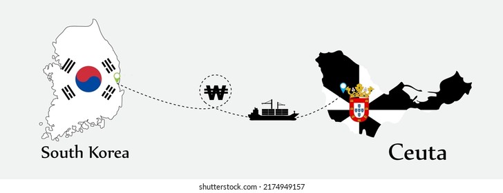 Business concept of both country. Ship transport from South korea go to Ceuta. And flags symbol on maps. EPS.file.Cargo ship.