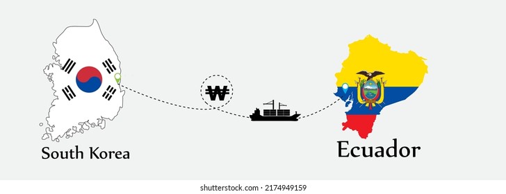 Business concept of both country. Ship transport from South korea go to Ecuador. And flags symbol on maps. EPS.file.Cargo ship.