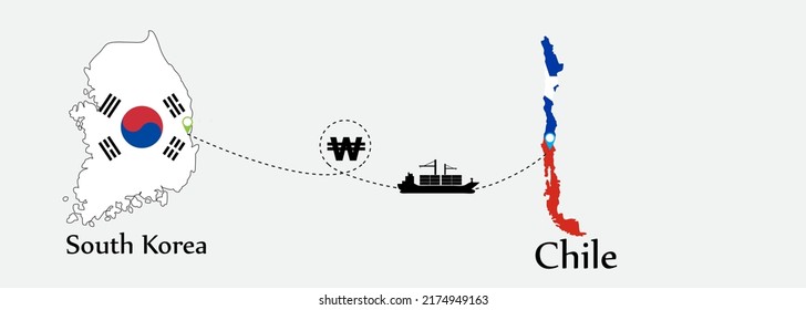 Business concept of both country. Ship transport from South korea go to Chile. And flags symbol on maps. EPS.file.Cargo ship.