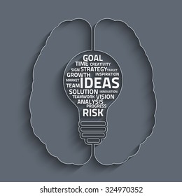 Business concept bulb made with words in a human brain. Vector Eps10 for your design