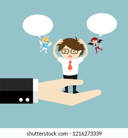 Business concept, Businessman with angel and devil and bubble speech, standing on big hand. Vector illustration.