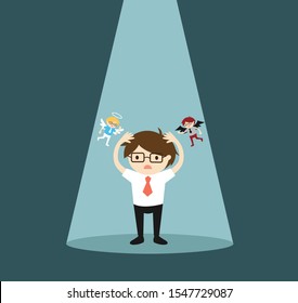 Business concept, Businessman with angel and devil while standing in the spotlight.