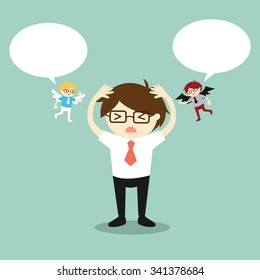 Business concept, Businessman with angel and devil and bubble speech. Vector illustration.