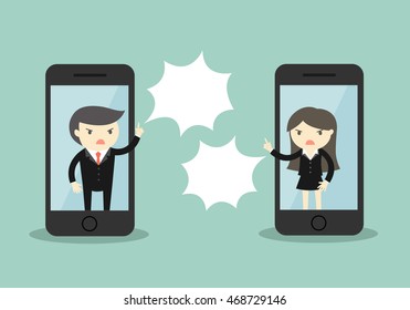 Business concept, Businessman is arguing with business woman via smartphone. Vector illustration.