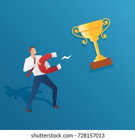 business concept businessman attracting trophy with a large magnet vector illustration