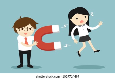 Business concept, Businessman attracting business woman with a large magnet. Vector illustration.