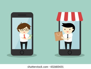 Business concept, Businessman buy something via smartphone, online shopping concept. Vector illustration.