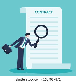 Business concept of businessman check contract by magnifying glass. 