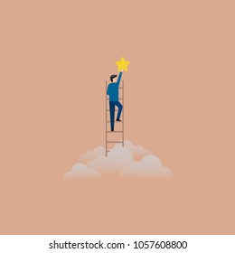 Business concept. Businessman climbing ladder reaching to the star and success. Vector Illustration.