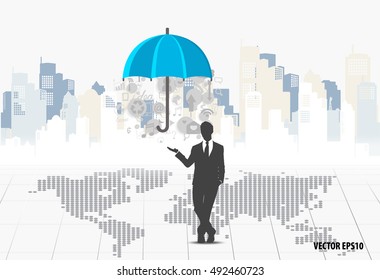 Business concept with businessman and cloud of application. Vector illustration.