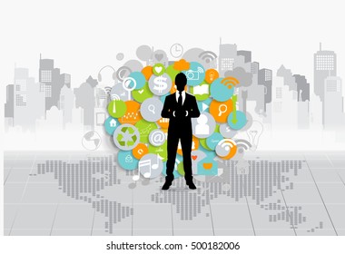 Business concept with businessman and cloud of application. Vector illustration.