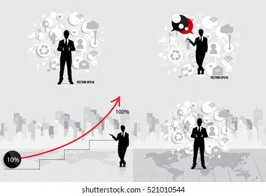 Business concept with businessman, cloud of application and modern building background. Vector illustration.