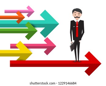 Business Concept with Businessman and Colorful Arrows. Vector Success Symbol.