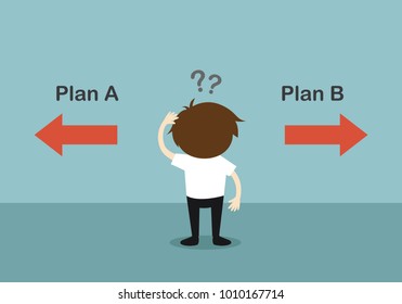 Business concept, Businessman confused about two choices. Vector illustration.