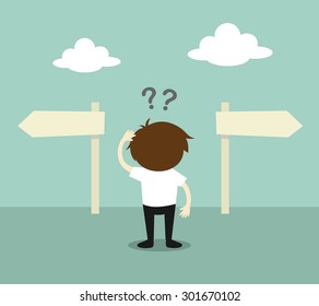 Business concept, Businessman confused about two direction. Vector illustration.