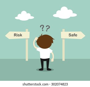 Business concept, Businessman confused about two direction, between risk or safe. Vector illustration.