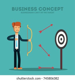 Business concept. Businessman does not hit the target. Vector illustration.