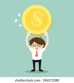 Business concept,  Businessman feeling happy while holding dollar coin. Vector illustration.