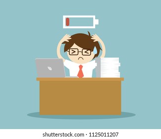 Business concept, Businessman feeling super tired and low battery. Vector illustration.