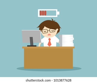 Business concept, Businessman feeling tired and low battery. Vector illustration.