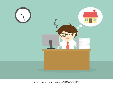 Business concept, Businessman feeling so tired and want to go back home. Vector illustration.