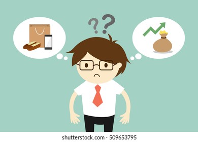 Business concept, Businessman feels stuck between two choices. Vector illustration.