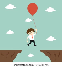 Business concept, businessman flies across a gap to another cliff by using balloon. Vector illustration.