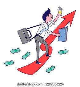 Business concept. Businessman flying on a rocket to a successful business.