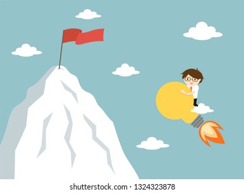 Business concept, Businessman is flying to the top of mountain using big light bulb. Vector illustration.