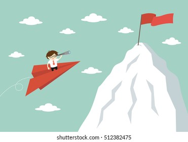 Business concept, Businessman is flying to the top of mountain while using telescope. Vector illustration.