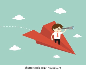 Business concept, Businessman is flying while using telescope. Vector illustration.