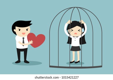Business concept, Businessman forces business woman to accept his love. Vector illustration.