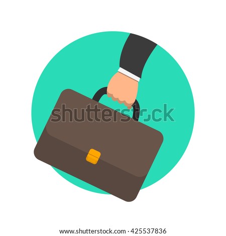 Business concept. Businessman hand holding briefcase with corporate company documents. Portfolio colored circle icon. Flat design vector illustration for website and promotion banners. Isolated