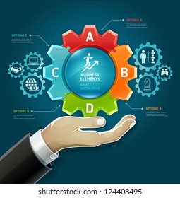 Business concept. businessman hand with business strategy diagram options in Gears symbol. Vector illustration. can be used for workflow layout, diagram, number options , web design, infographics.