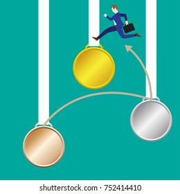 Business Concept As A Businessman Is Highly Jumping Across From Hanging Bronze, Silver To Gold Medals Respectively. It Means Continuing Achieve, Succeed More Significant, Valuable, Great Goal 