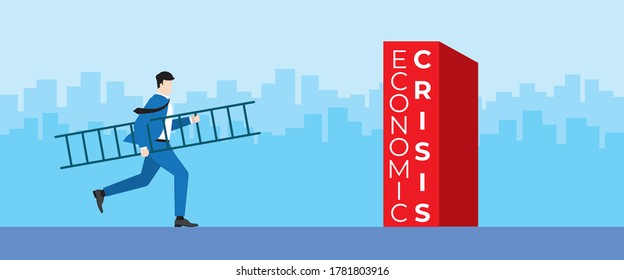 Business concept. Businessman hold the ladder and run to the obstacle for step over across the economic crisis. Vector Illustration flat style.