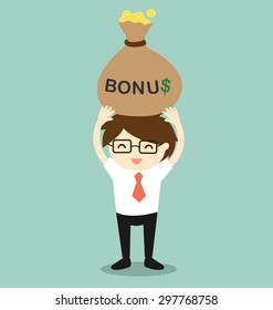 Business concept, Businessman holding bonus and feeling happy. Vector illustration.