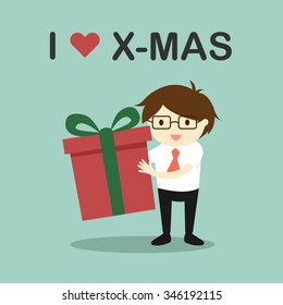 Business concept, Businessman holding a gift box with the words "I love X-mas". Vector illustration.