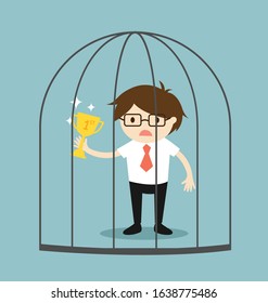 Business concept, Businessman is holding a golden trophy but he can't get out of the jail. Vector illustration.
