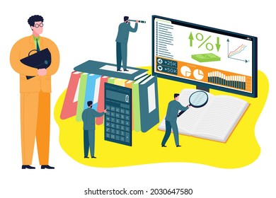 Business concept. Businessman investor is looking for a fresh idea for investment. Startup metaphor. Vector cartoon flat illustration.