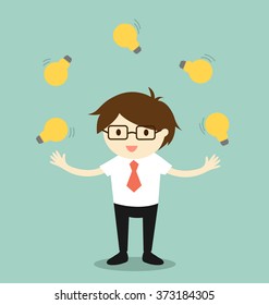 Business concept, businessman juggling many light bulbs. Vector illustrator.