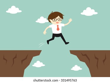 Business concept, businessman jump through the gap to another cliff. Vector illustration.