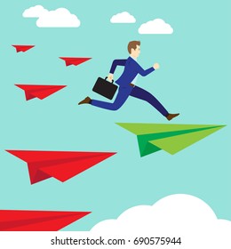 Business Concept As A Businessman Is Jumping Up From A Red Rocket Paper To A Green One. It Means Changing Or Shifting From Wrong Methods, Ways, Standards To The Right Or Accurate Ones.
